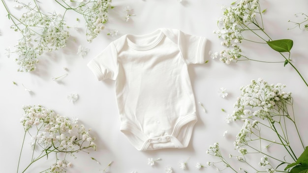 Photo childrens white clothes and flowers top view selective focus