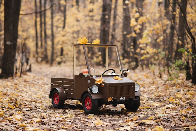 Childrens wooden truck in the autumn park