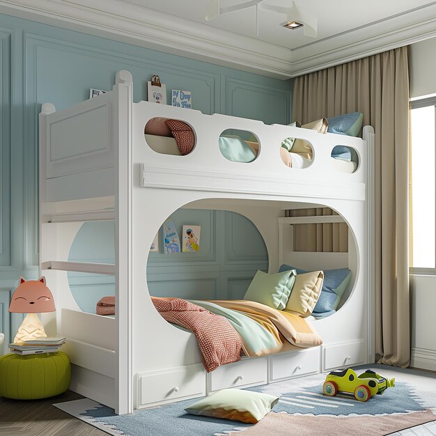 Photo a childs bedroom with a bunk bed and a bed with the word quot on it