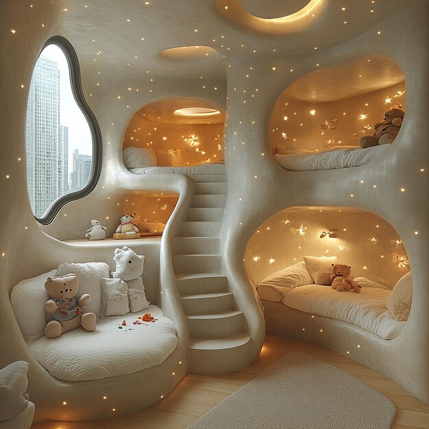 A childs bedroom with three round beds white and beige colors stairs in the middle between two sp