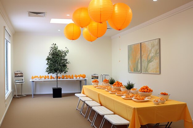 A childs birthday party with tangerine themed decorations and treats