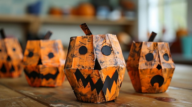 Photo childs craft project making paper pumpkins