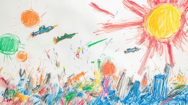 Photo childs crayon drawing depicting airplanes flying over city