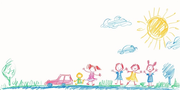 A childs drawing of children playing on a carfree day generative ai