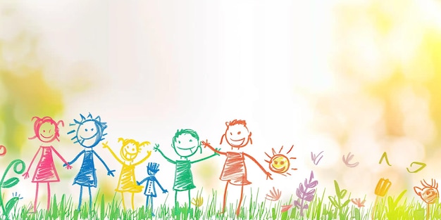 A childs drawing of children smiling and holding hands in a grassy field Generative AI