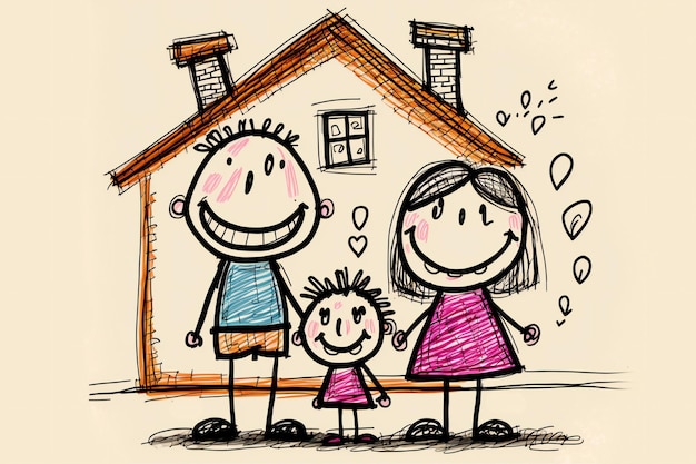 Childs drawing a happy family creative digital illustration