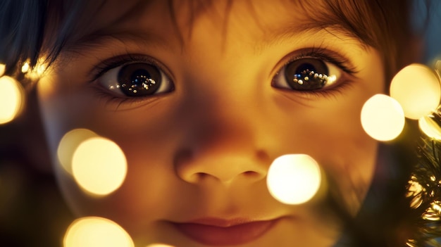 Photo childs face with blurry lights reflecting in eyes