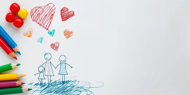 Childs family drawing with hearts above colored pencils to side generative ai