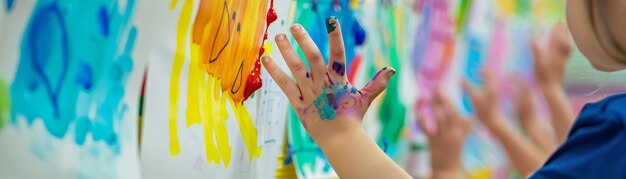 Photo a childs hand covered in paint a symbol of creativity and artistic expression a closeup image