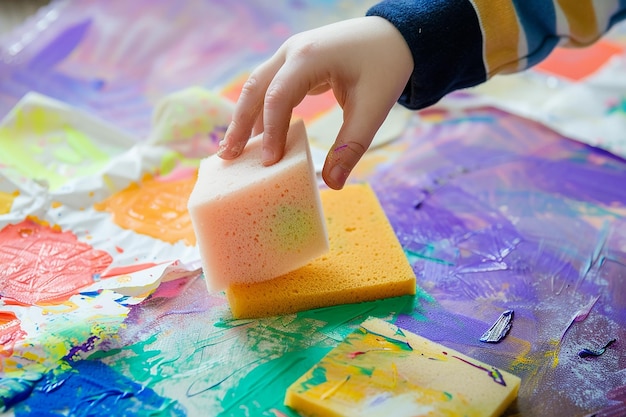 Photo childs hand dipping a sponge in paint