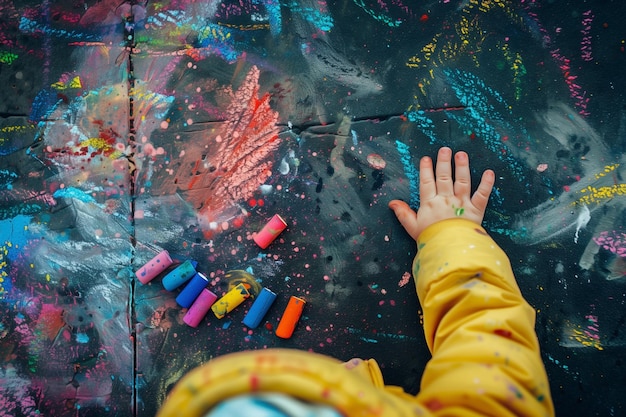 Photo childs hand drawing figures with chalk on the ground