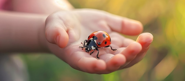 Photo a childs hand holding a ladybug in nature reflecting innocence and curiosity towards wildlife aig62