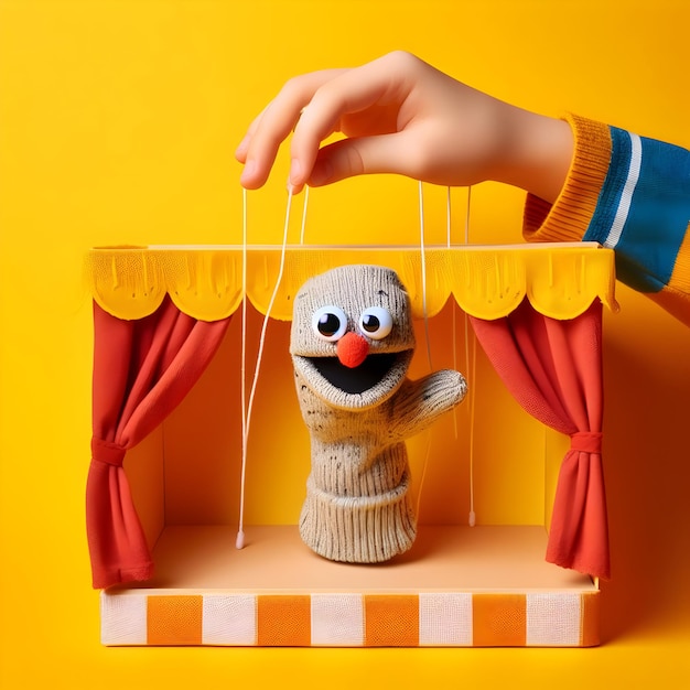 A childs hand manipulating a sock puppet on the puppet theater stage engaging in creative storytel