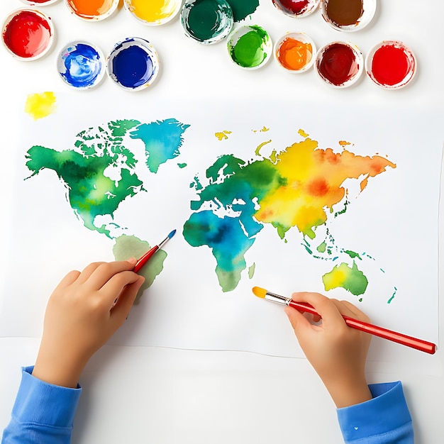 Photo childs hand painting world map with watercolor