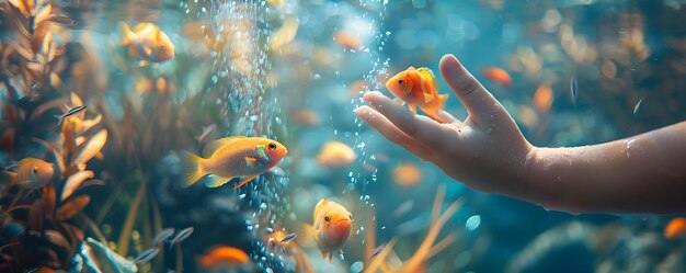 Photo childs hand pressed against home aquarium glass curious fish approaching concept aquarium child curious fish home exploration