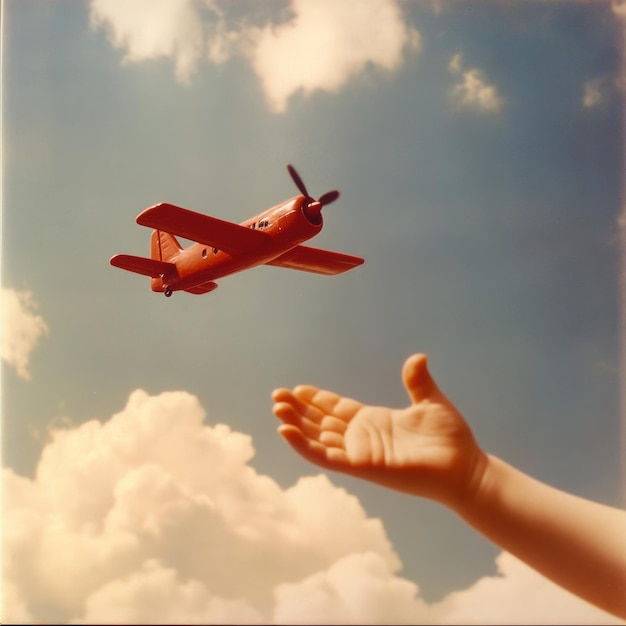 A childs hand reaches out to a toy airplane flying high in the sky