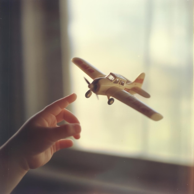 A childs hand reaching up to a toy airplane in flight