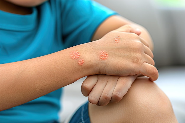 A childs hand scratching a red bumpy skin rash discomfort and irritation caused by dermatitis