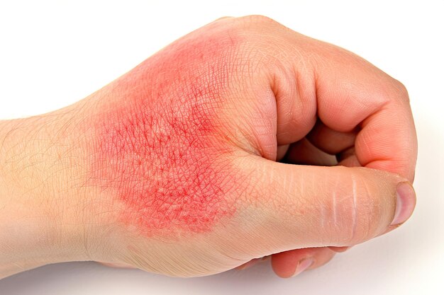 A childs hand scratching a red bumpy skin rash discomfort and irritation caused by dermatitis