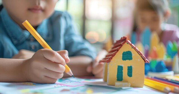 A childs hand sketches a house and family joined by other kids fostering early education