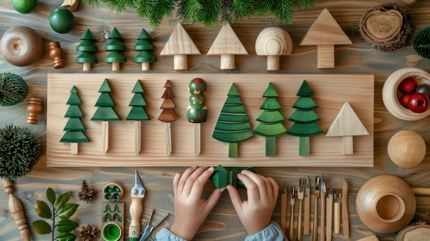 Photo childs hands building a wooden christmas tree