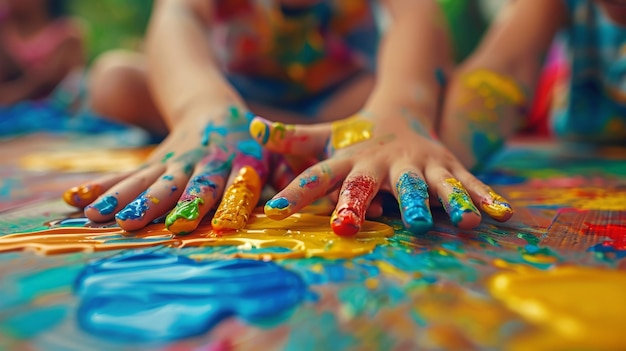 Childs hands covered in vibrant paint during an artistic and playful activity