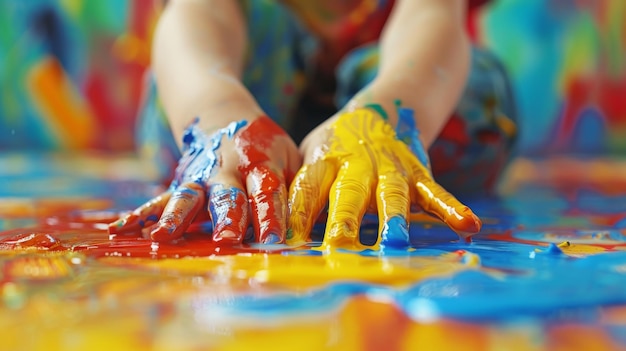 Photo childs hands covered in vibrant paint colors creating a lively and colorful art piece on the floor