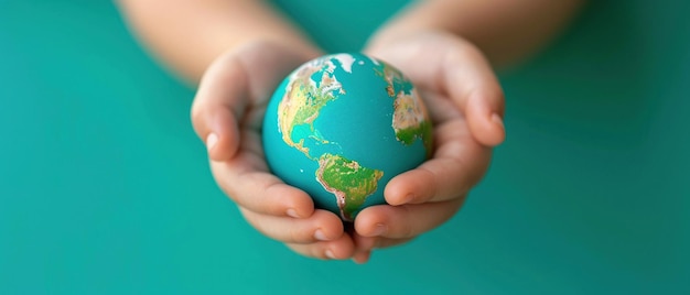 A childs hands cradling a small globe against a teal background