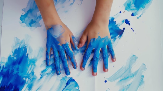 Photo childs hands painting with bright blue watercolors on white paper