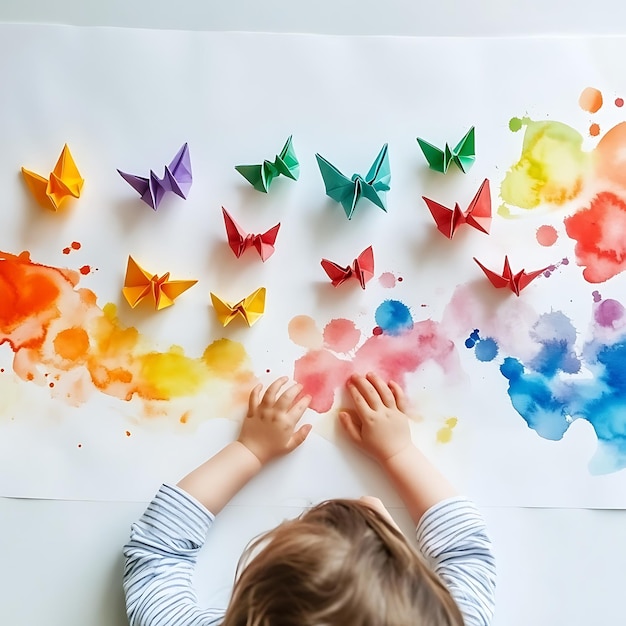 Childs Hands Reach for Colorful Origami Butterflies on a Watercolor Background