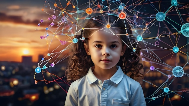 Photo childs mind and brain activity concept scientific visualization of neural connections