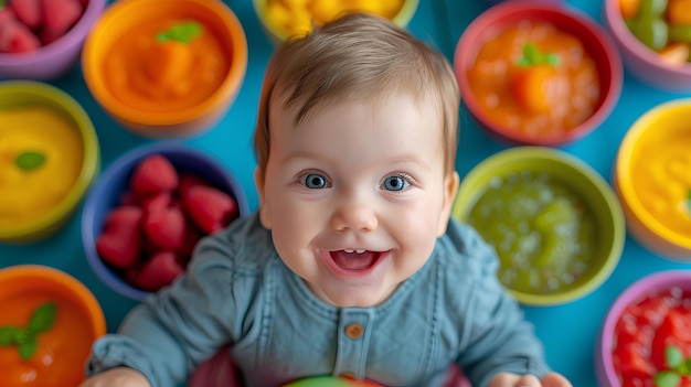 Childs mouth is smiling by colorful food