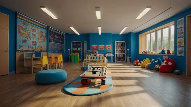 Childs playroom with different toys and furniture Cozy kindergarten interior