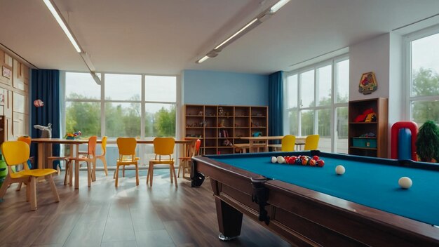 Childs playroom with different toys and furniture above view Cozy kindergarten interior