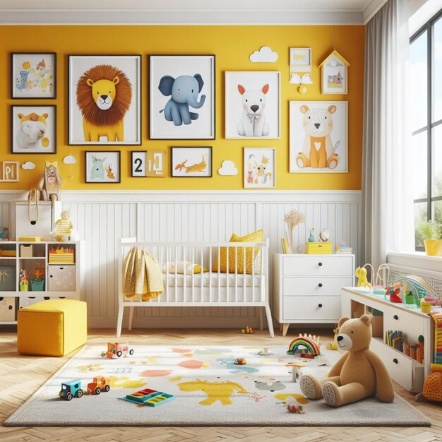 a childs playroom with a yellow shelf and a teddy bear on the floor