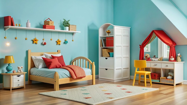 Photo a childs room with a blue wall and a shelf with books and a red bookcase