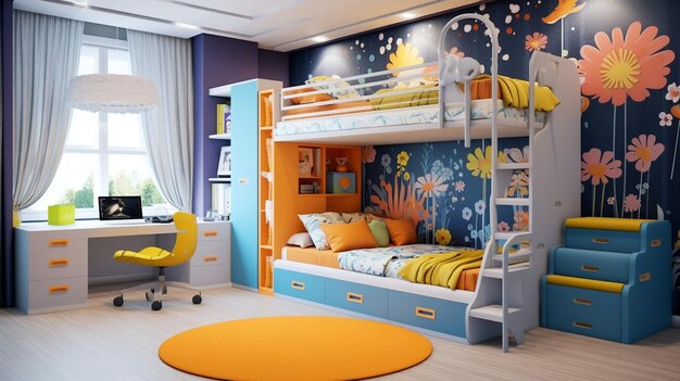 a childs room with a bunk bed and a ladder