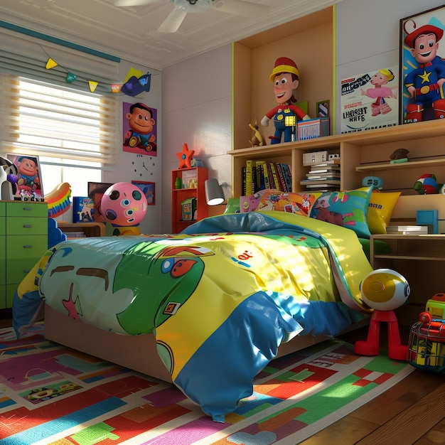 a childs room with a colorful bed and a colorful bed with a cartoon train on the bed