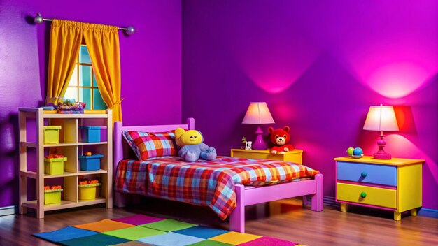 Photo a childs room with a purple wall and a yellow stuffed animal on the bed