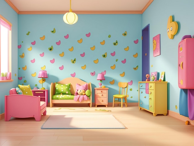 a childs room with a wall of fruit on the wall