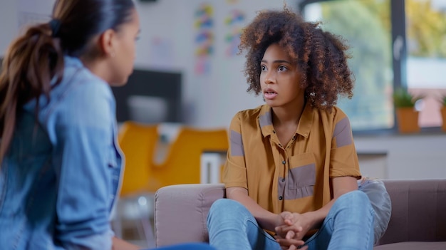 A childs school counselor discussing quietly with a concerned teacher focusing on the childs wellbeing