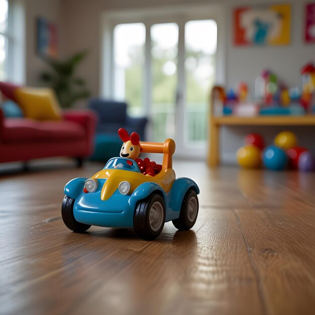 Photo childs toy in focus with a playroom softly blurred behind