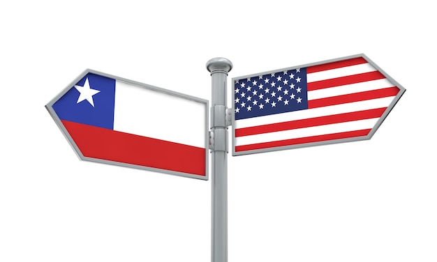 Chile and America flag moving in different direction 3D Rendering