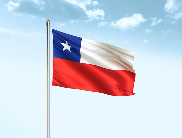 Chile national flag waving in blue sky with clouds Chile flag 3D illustration