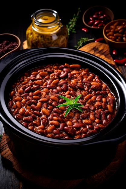 chili beans with meat on a plate Selective focus