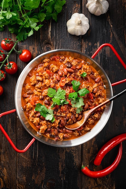 Chili con carne mensican and texan dish top view