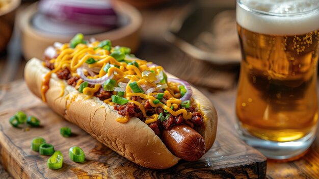 Chili dog topped with cheese onions and jalapenos next to glass of beer