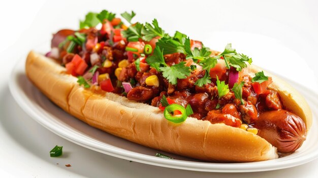 Photo chili dog topped with diced vegetables and herbs