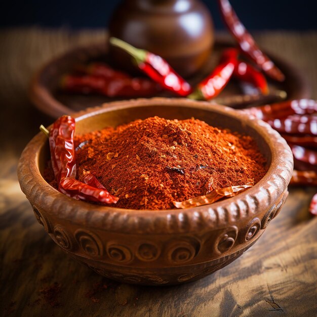 Chili flakes in a wood bowl