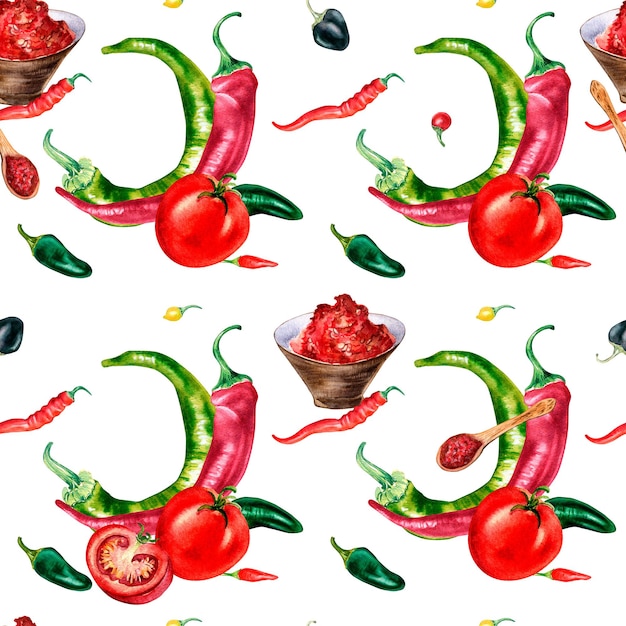 Chili hot peppers and tomatoes watercolor seamless pattern isolated on white